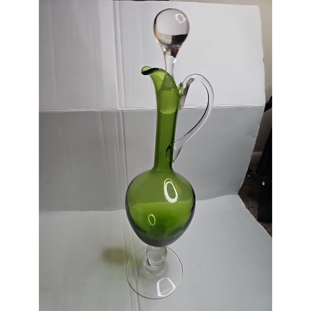 Green Art Glass Decanter Bottle with Stopper Hand Blown Style Vintage 17.5 inch - Picture 3 of 11